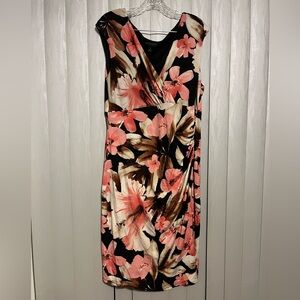Connected Apparel Black, brown, and Pink Floral faux wrap dress